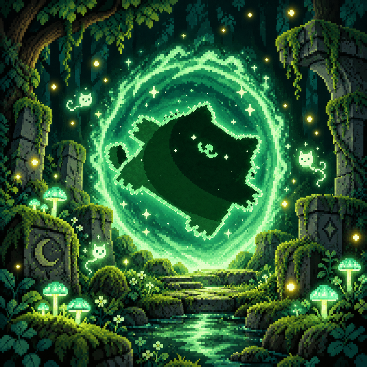 Pump cat inside the magical forest portal