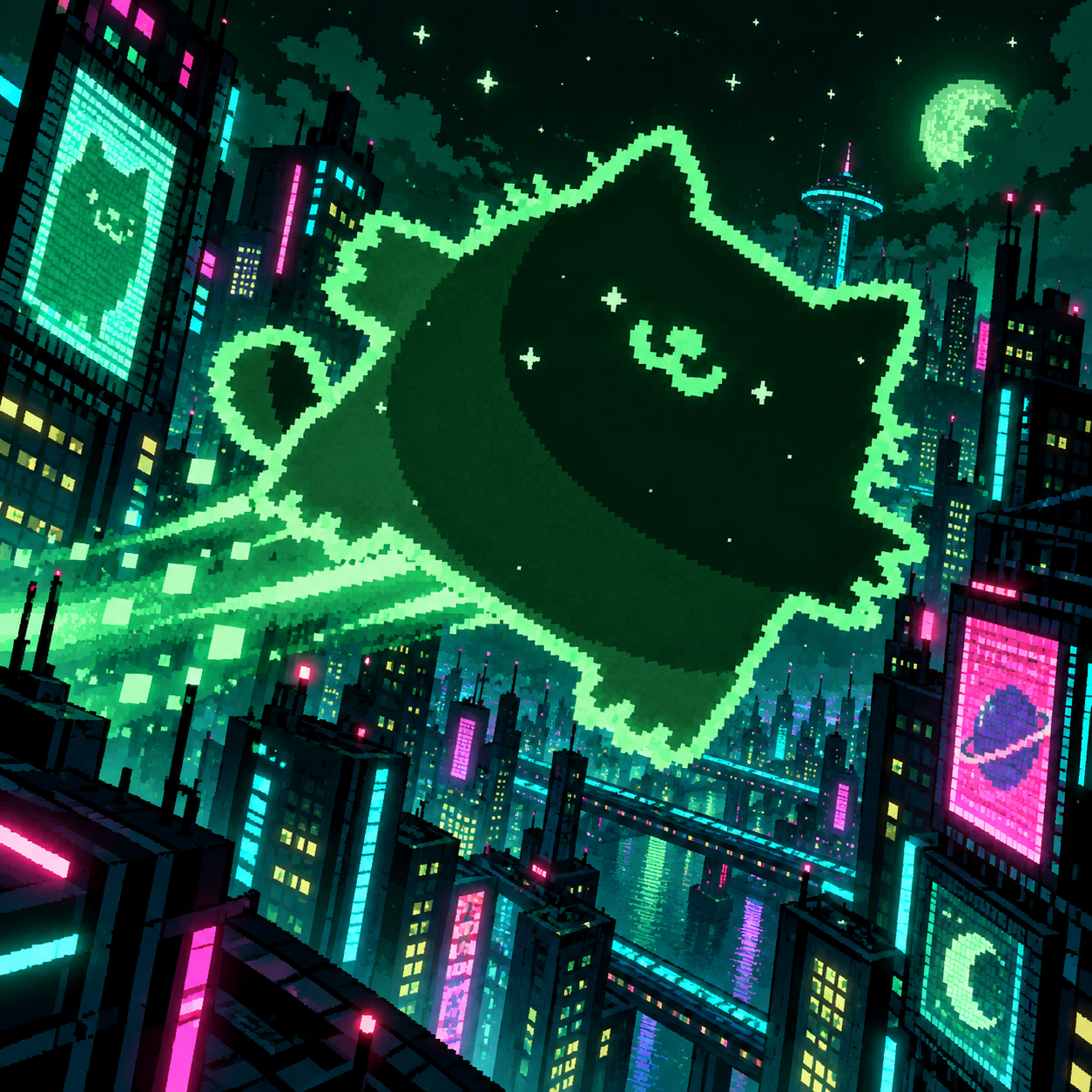 Pump cat above the neon city