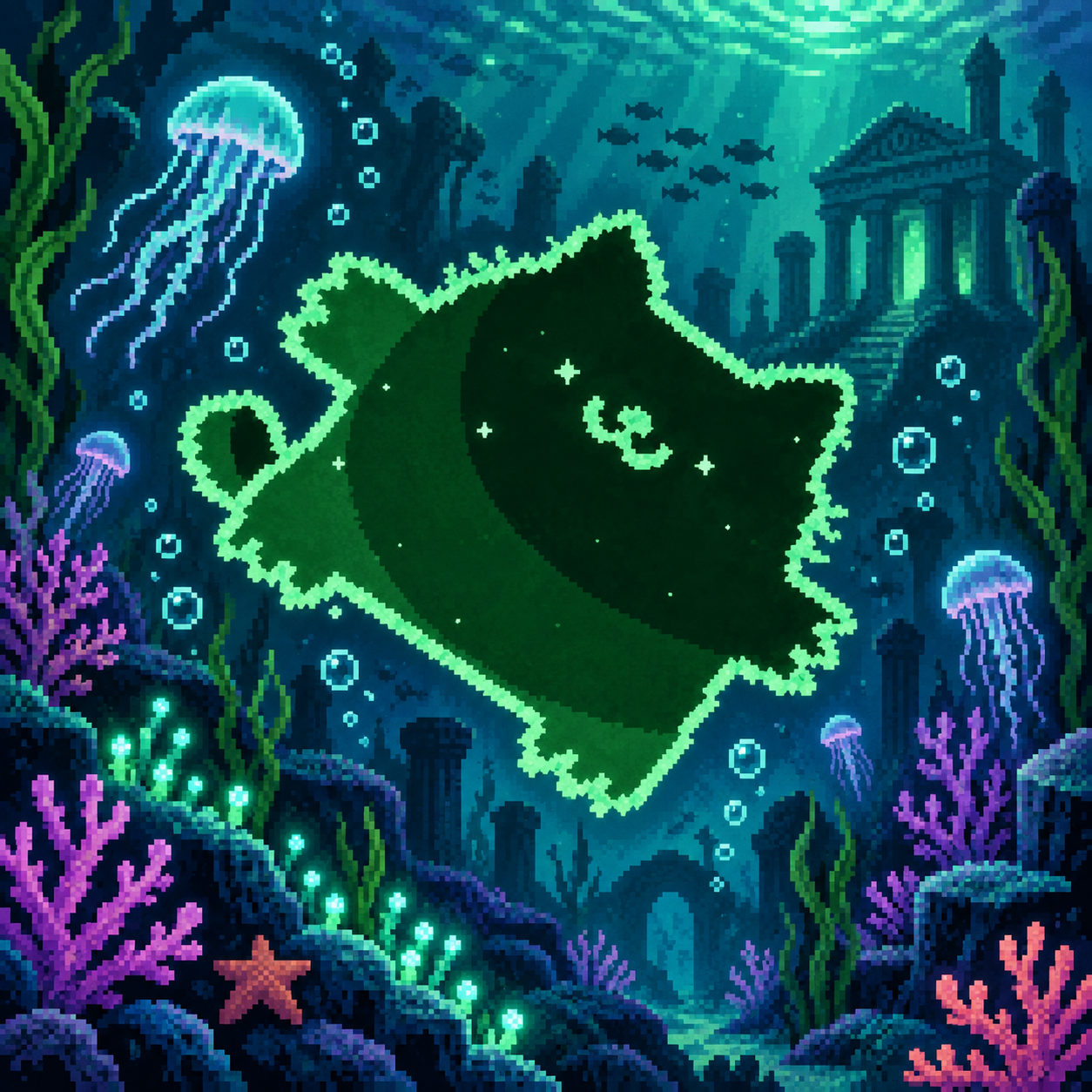 Pump cat swimming through underwater ruins