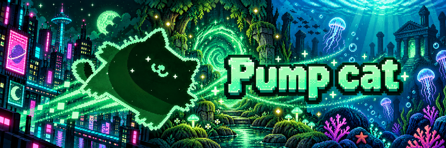 Pump cat travelling from the neon city through the forest portal into the underwater ruins